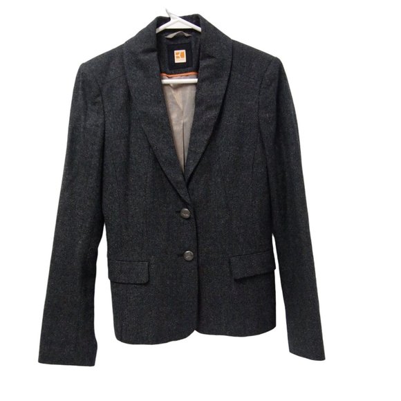 Hugo Boss Orange Womens Blazer Jacket 4 Grey Wool Stretch 2 Button Career Work - Picture 1 of 5